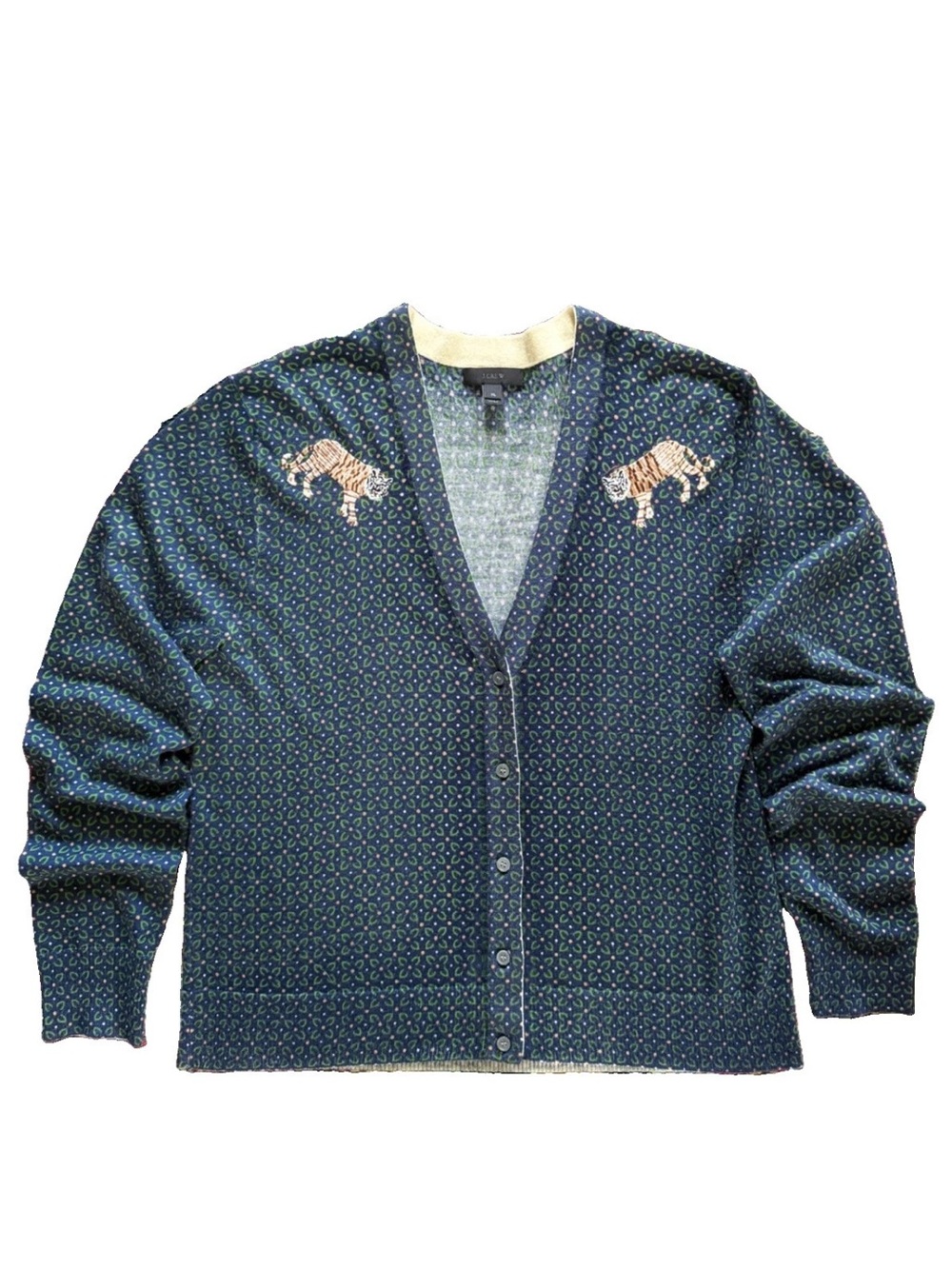 J. Crew Mens-y Cardigan Sweater Tiger Patch Navy Merino Wool  XL Lightweight
